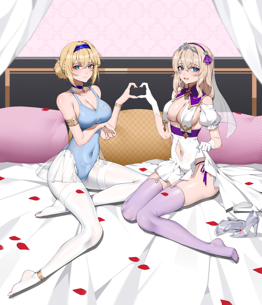 2girls absurdres alternate_costume azur_lane bikini blonde_hair blue_choker blue_eyes blue_ribbon breasts choker clothes_lift commentary_request feet gloves hair_bun hairband high-waist_skirt highres jeanne_d'arc_(azur_lane) jeanne_d'arc_(saintess_of_the_sea)_(azur_lane) knees_together_feet_apart layered_bikini leander_(azur_lane) legs looking_at_viewer maltese_cross multi-strapped_bikini multiple_girls no_bra no_shoes official_alternate_costume open_mouth panties pantyhose pleated_skirt purple_hairband purple_ribbon purple_thighhighs ribbon single_hair_bun skirt skirt_lift swimsuit thighhighs toes underwear white_gloves white_pantyhose wsfw