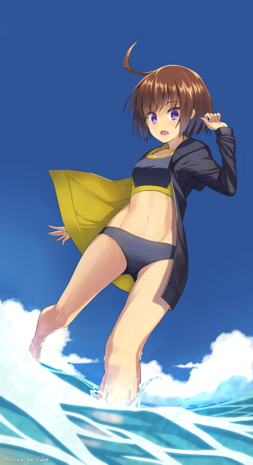 ahoge arm_up bikini black_bikini black_jacket breasts brown_hair cloud commentary_request day female from_below highres jacket koyama_keisuke linne_(under_night_in-birth) long_sleeves looking_at_viewer midriff navel open_clothes open_jacket open_mouth purple_eyes short_hair small_breasts solo swimsuit twitter_username under_night_in-birth wading water