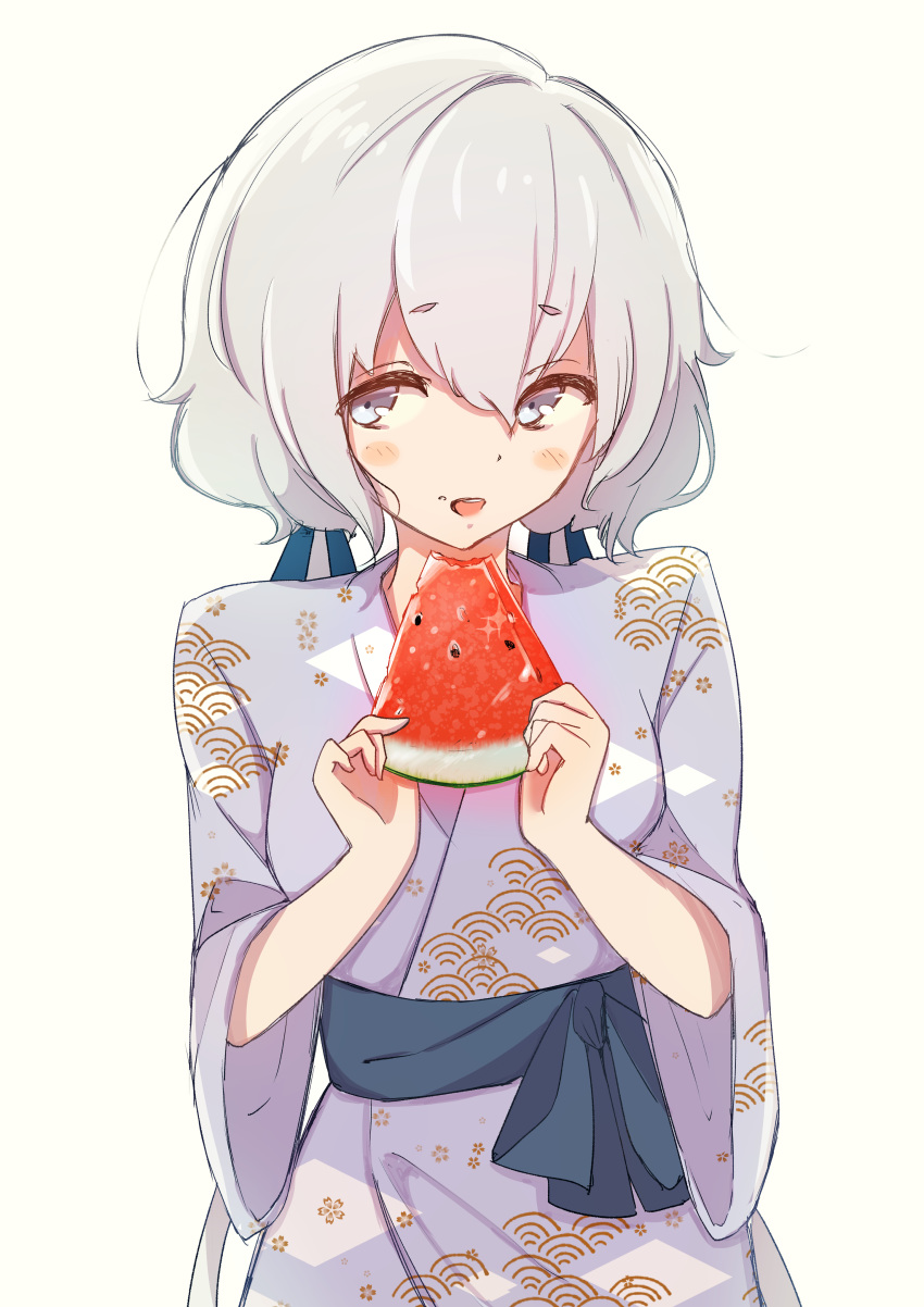 absurdres blue_eyes blush carrion1129 commentary_request female food fruit hair_ribbon highres holding holding_food japanese_clothes kimono konno_junko low_twintails ribbon sash solo twintails upper_body watermelon white_background white_hair yukata zombie_land_saga