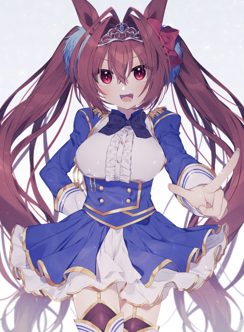 :d animal_ears black_thighhighs blue_skirt breasts brown_hair center_frills commentary_request daiwa_scarlet_(umamusume) epaulettes female frills garter_straps grey_background hair_between_eyes hair_intakes highres horse_ears horse_girl index_finger_raised jacket juliet_sleeves large_breasts long_hair long_sleeves looking_at_viewer minamiya_mia oerba_yun_fang open_clothes open_jacket open_mouth outstretched_arm pleated_skirt puffy_sleeves red_eyes shirt skirt smile solo thighhighs tiara twintails umamusume underbust v-shaped_eyebrows very_long_hair white_shirt white_thighhighs