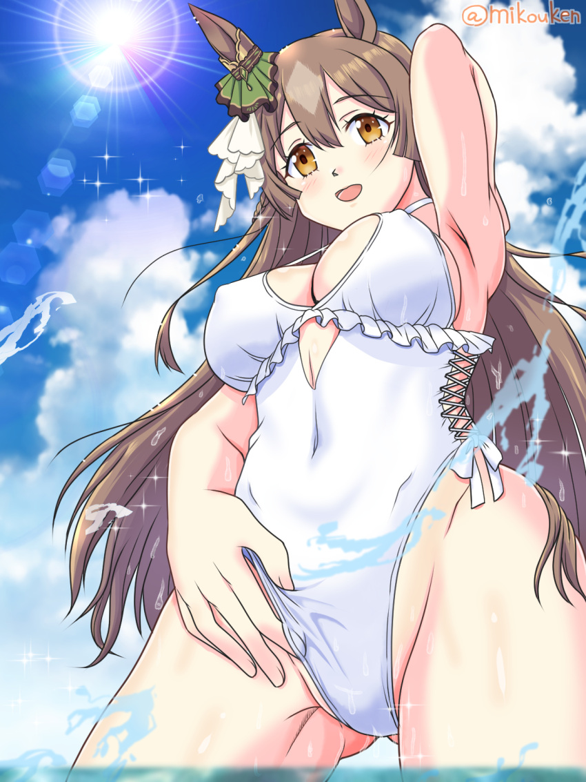 adjusting_clothes adjusting_swimsuit animal_ears bad_id bad_pixiv_id blue_sky breasts brown_eyes brown_hair casual_one-piece_swimsuit cloud commentary_request cosplay cowboy_shot day ear_ornament ear_ribbon female from_below highleg highleg_swimsuit highres horse_ears horse_girl kantai_collection kutsugen_kanna_(mikouken) large_breasts long_hair looking_at_viewer one-piece_swimsuit outdoors sagiri_(kancolle) sagiri_(kancolle)_(cosplay) sagiri_kai_(swimsuit_mode)_(kancolle) satono_diamond_(umamusume) side-tie_swimsuit sky solo standing sun swimsuit umamusume very_long_hair wading water white_one-piece_swimsuit