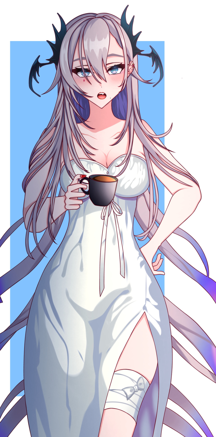 absurdres bandaged_leg bandages blue_eyes blush breasts coffee coffee_mug collarbone cup dress female gradient_hair grey_hair hair_between_eyes hand_on_own_hip head_wings highres holding holding_cup ibispaint_(medium) indie_virtual_youtuber mole mole_under_mouth mug multicolored_hair open_mouth pochimaru_(vtuber) pochimaru_(vtuber)_(4th_costume) red_nails side_slit strapless strapless_dress suebacktea teardrop_facial_mark tentacle_hair two-tone_background virtual_youtuber white_dress wings