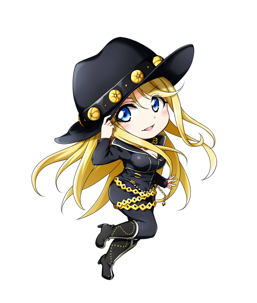 ayase_eli black_bodysuit black_footwear black_hat blonde_hair blue_eyes blush bodysuit boots breasts chibi cleavage commentary_request diamond_princess_no_yuuutsu female full_body hair_between_eyes hat high_heel_boots high_heels highres knee_boots kuena long_hair long_sleeves love_live! love_live!_school_idol_project medium_breasts parted_lips simple_background smile solo very_long_hair white_background