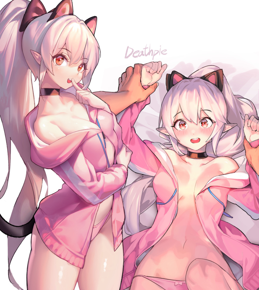 animal_ears areola_slip bow bow_panties breasts cat_ears character_name female highres jacket ludaf medium_breasts multiple_views navel no_bra open_clothes open_jacket open_mouth original panties pink_panties pov pov_hands red_eyes shiny_skin solo_focus tail underwear white_hair