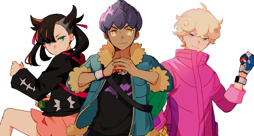 2boys ahoge asymmetrical_bangs bede_(pokemon) black_hair black_jacket blonde_hair closed_mouth commentary_request curly_hair dark-skinned_male dark_skin dusk_ball female fur-trimmed_jacket fur_trim great_ball hair_ribbon highres hinata_(ryohinata) holding holding_poke_ball hop_(pokemon) jacket long_sleeves looking_at_viewer marnie_(pokemon) multiple_boys poke_ball poke_ball_(basic) pokemon pokemon_swsh popped_collar purple_eyes purple_hair red_ribbon ribbon shirt smile white_background yellow_eyes