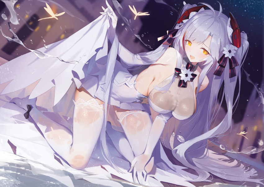 absurdres azur_lane blush breasts bridal_gauntlets bridal_veil bug chinese_commentary cleavage commentary_request cross dragonfly dress female gloves grey_hair headgear helic_(7317helic) highres iron_cross large_breasts leaning_forward long_hair looking_at_viewer multicolored_hair night night_sky official_alternate_costume open_mouth outdoors photoshop_(medium) prinz_eugen_(azur_lane) prinz_eugen_(symphonic_fate)_(azur_lane) red_hair sky solo streaked_hair thighhighs two-tone_hair two_side_up veil veil_removed very_long_hair water wedding_dress white_dress white_gloves white_thighhighs yellow_eyes