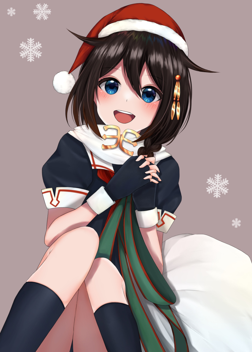 :d ahoge black_gloves black_hair black_legwear black_serafuku blue_eyes braid female fingerless_gloves gloves hair_flaps hair_ornament hair_over_shoulder hat highres kantai_collection kneehighs long_hair looking_at_viewer nerua open_mouth remodel_(kantai_collection) santa_hat scarf school_uniform serafuku shigure_(kantai_collection) single_braid sitting smile solo white_scarf