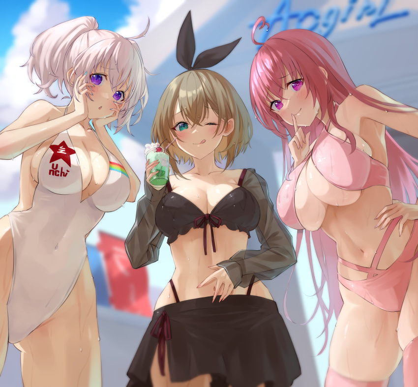 3girls :o :q absurdres ahoge aogiri_koukou aqua_eyes armpits bikini bikini_skirt black_bikini black_ribbon blurry blurry_background blush bob_cut breasts brown_hair casual_one-piece_swimsuit cleavage closed_mouth cloud collarbone commentary_request covered_navel cup day detached_sleeves drink finger_to_mouth gabu_rielu hair_between_eyes hair_ribbon hand_on_own_hip hands_on_own_face heart heart-shaped_pupils highres holding holding_cup index_finger_raised kkix25 kurikoma_komaru large_breasts long_hair looking_at_viewer multiple_girls navel one-piece_swimsuit one_eye_closed ooshiro_mashiro outdoors pink_hair pink_thighhighs ponytail purple_eyes ribbon see-through see-through_sleeves short_hair shushing sideboob smile stomach swimsuit symbol-shaped_pupils thighhighs thighs tongue tongue_out virtual_youtuber wet white_hair white_one-piece_swimsuit