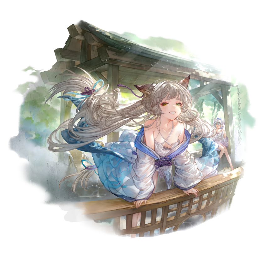 2girls alpha_transparency bare_shoulders blunt_bangs blush braid breasts brown_eyes collarbone erune granblue_fantasy green_eyes grin heterochromia long_hair looking_at_viewer minaba_hideo multiple_girls official_art pholia pholia_(yukata) queen_orchis short_eyebrows small_breasts smile thick_eyebrows transparent_background very_long_hair