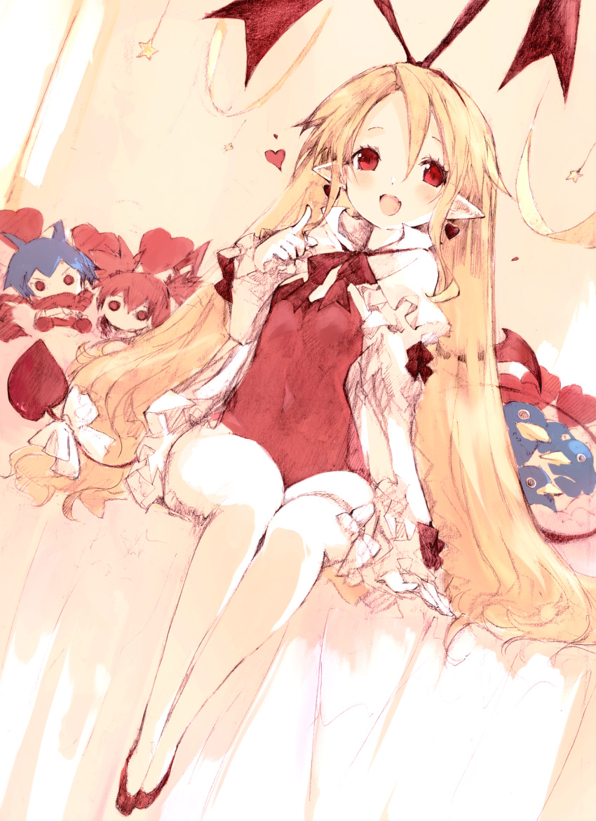 1boy 2girls blonde_hair blue_hair blush bow character_doll covered_navel demon_boy demon_girl demon_tail detached_sleeves disgaea disgaea_d2 earrings etna_(disgaea) eyelashes flonne flonne_(fallen_angel) hair_between_eyes heart heart_earrings highres jewelry kakuwashi laharl leotard long_hair looking_at_viewer makai_senki_disgaea multiple_girls open_mouth pointy_ears prinny red_eyes red_hair red_leotard red_wings ribbon sitting smile tail tail_bow tail_ornament thigh_strap very_long_hair wings