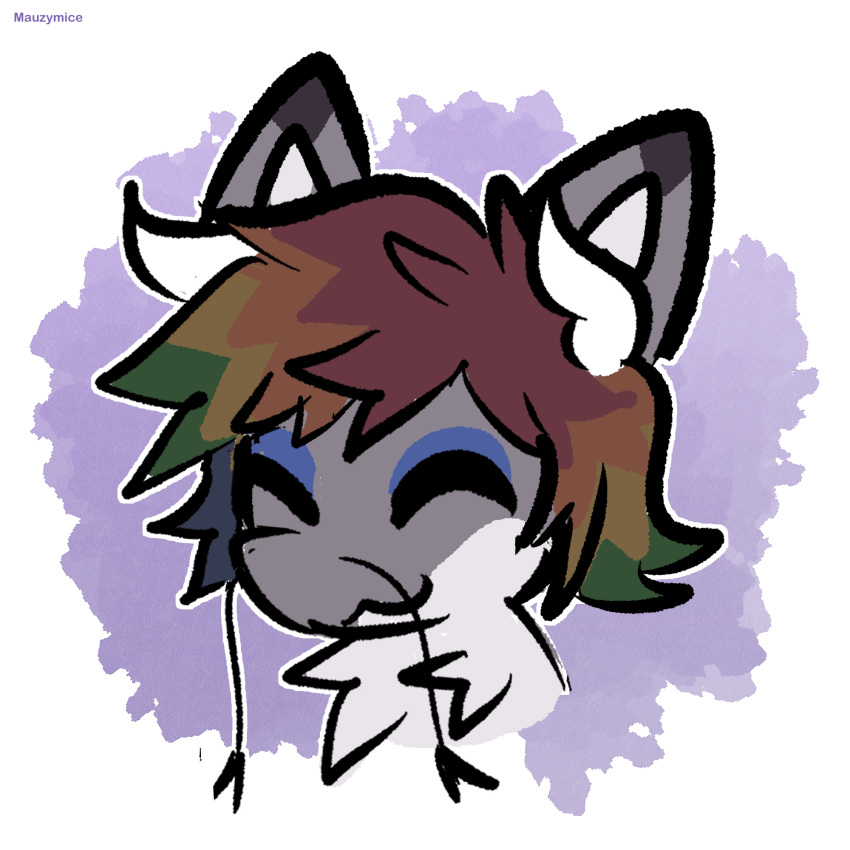 anthro black_ear_tips black_eyes blue_eyelids dipstick_ears ear_markings fur grey_body grey_fur hair hi_res horn male male_(lore) male_anthro manokit marszala mauzymice multicolored_ears multicolored_hair purple_background purple_text rainbow_hair signature simple_background solo text white_background white_body white_fur white_horn white_inner_ear