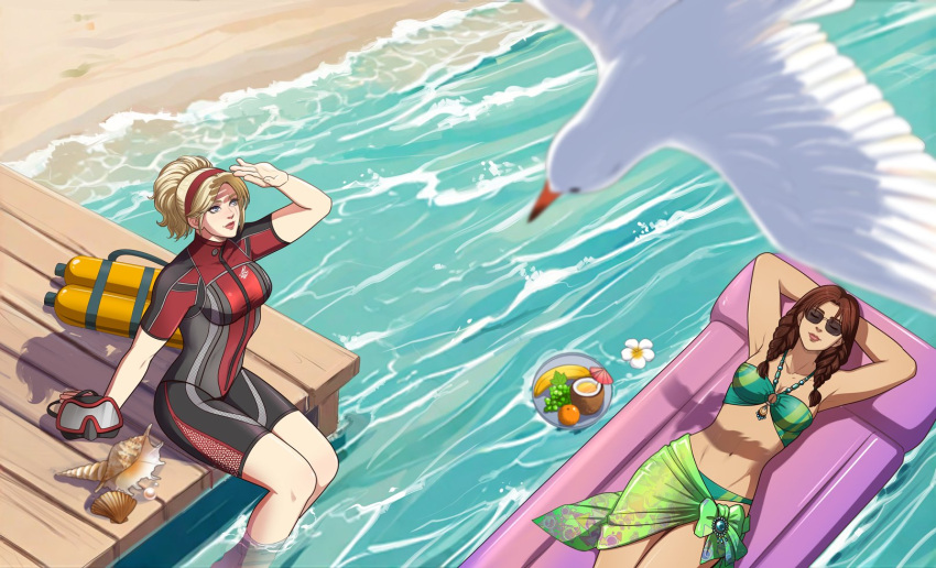 2girls arms_behind_head autumn-sacura banana beach bird blonde_hair blue_eyes bodysuit bra breasts cleavage conch flower food fruit glasses goggles grapes green_bra green_necklace green_panties hairband highres jewelry julia_chang large_breasts lidia_sobieska lying midriff multiple_girls necklace ocean on_back panties plate red_bodysuit red_hairband scar scar_across_eye scuba_tank seagull sleeping stomach sunglasses tekken underwear