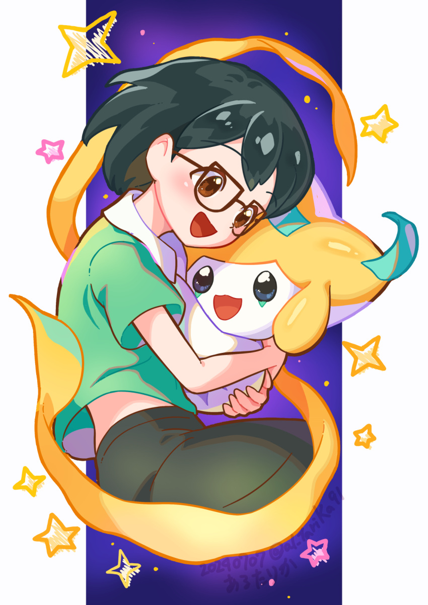 1boy :d affectionate arutarika_(ri_kaoekaki) brown-framed_eyewear brown_eyes commentary_request from_side glasses green_shirt happy highres holding holding_pokemon jirachi male_focus max_(pokemon) open_mouth pokemon pokemon:_jirachi:_wish_maker pokemon_(anime) pokemon_(creature) pokemon_rse_(anime) shirt short_hair short_sleeves shorts smile star_(symbol)