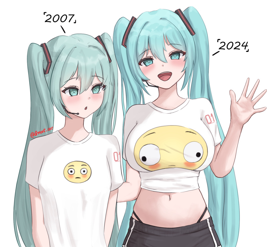 2girls aqua_eyes aqua_hair black_shorts breasts dolphin_shorts flushed_face_emoji flushed_face_emoji_shirt_(meme) gnort hatsune_miku headset highleg highleg_panties highres large_breasts long_hair meme multiple_girls navel open_mouth panties print_shirt shirt shorts size_comparison time_paradox twintails underwear vocaloid white_background white_shirt