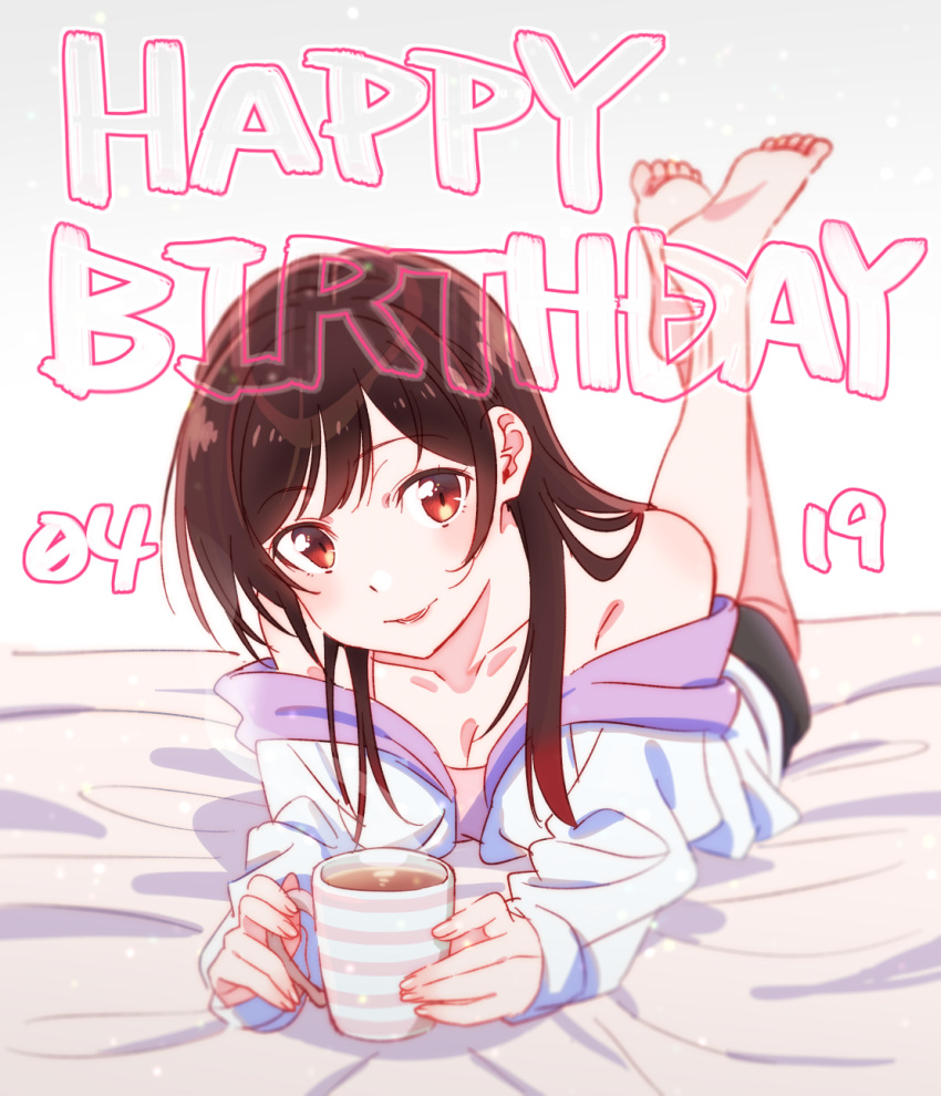 bare_shoulders barefoot bed_sheet blush breasts brown_eyes brown_hair cardigan cleavage commentary_request cup dated dot_nose double-parted_bangs feet_up female full_body happy_birthday highres hirayama_kanna holding holding_cup kanojo_okarishimasu long_hair long_sleeves looking_at_viewer lying mizuhara_chizuru off_shoulder on_back on_stomach open_cardigan open_clothes smile solo the_pose white_cardigan