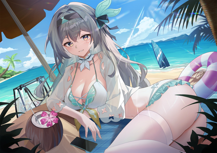 ass beach beach_umbrella bikini black_hairband blue_sky breasts cleavage coconut female firefly_(honkai:_star_rail) grey_hair hair_between_eyes hairband highres honkai:_star_rail honkai_(series) laosi_j large_breasts long_hair looking_at_viewer lying on_side palm_tree sky smile swimsuit thighhighs tree two-tone_eyes umbrella white_thighhighs