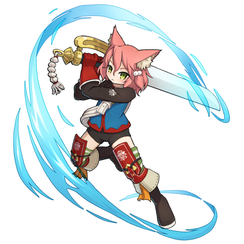 7th_dragon 7th_dragon_(series) animal_ears attack_trail bike_shorts black_shorts blush boots female fighter_(7th_dragon) full_body gloves green_eyes hair_between_eyes hair_bobbles hair_ornament harukara_(7th_dragon) highres holding holding_sword holding_weapon long_sleeves pink_hair red_gloves sash shikutsune_fox shorts simple_background solo striped_clothes striped_thighhighs swinging sword tassel thighhighs thighhighs_under_boots two-handed weapon white_background white_sash