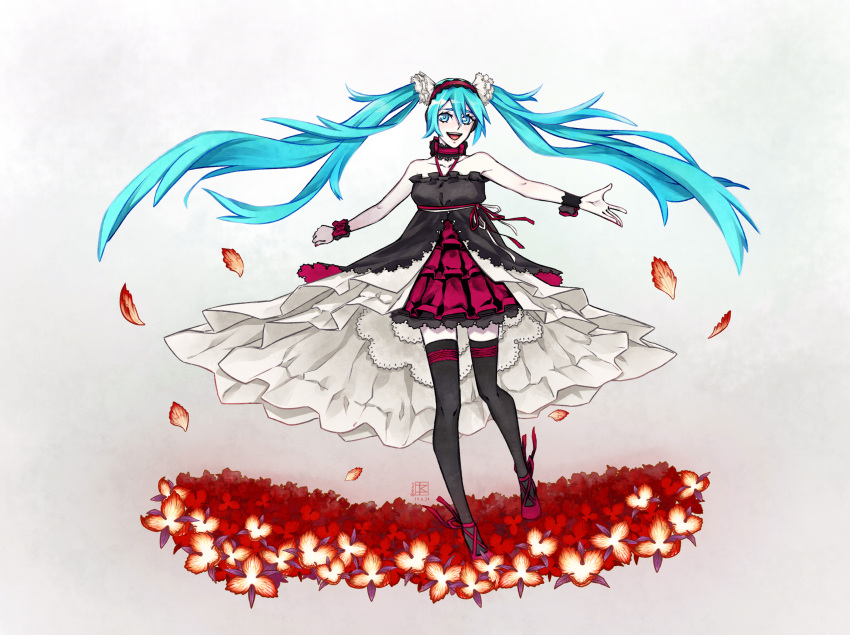 7th_dragon_(series) 7th_dragon_2020 7th_dragon_2020-ii aqua_eyes aqua_hair bare_shoulders black_choker black_dress black_thighhighs breasts choker dated dress female field floating_hair floro_(7th_dragon) flower flower_field frills full_body grey_background hair_between_eyes hair_ornament hatsune_miku highres ko_myth lace-trimmed_dress lace_trim long_hair looking_at_viewer open_mouth outstretched_hand petals red_choker red_footwear red_headphones red_ribbon redrawn ribbon self-upload sidelocks signature skirt smile solo standing thighhighs twintails twitter_username very_long_hair vocaloid white_ribbon white_skirt wrist_cuffs