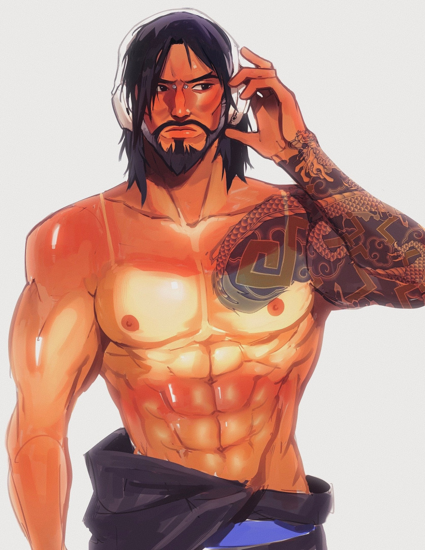 1boy abs bara beard black_hair brown_hair connected_beard cowboy_shot facial_hair hanzo_(overwatch) headphones highres large_pectorals lipeka looking_to_the_side male_focus medium_hair meme muscular muscular_male navel nipples overwatch pectorals shredded_muscles simple_background solo standing sunburn tan tank_top_sunburn_(meme) topless_male v-taper white_background