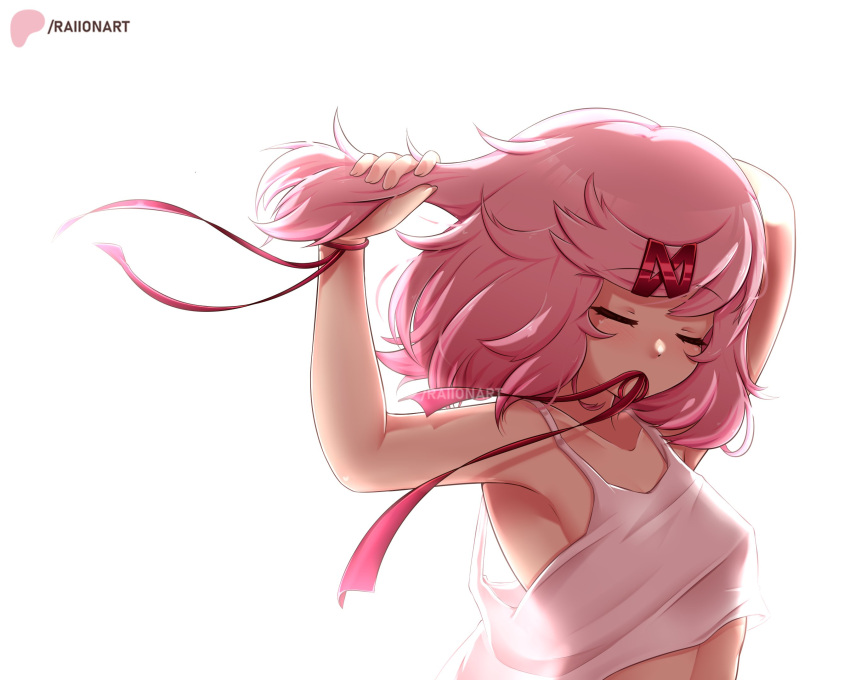 armpits arms_up artist_name backlighting bare_arms breasts camisole closed_eyes collarbone commentary doki_doki_literature_club english_commentary female hair_ornament hair_ribbon hair_tie_in_mouth hairclip highres mouth_hold natsuki_(doki_doki_literature_club) patreon_logo patreon_username pink_hair raion_(raionart) red_ribbon ribbon see-through_silhouette simple_background small_breasts solo swept_bangs tying_hair upper_body white_background white_camisole