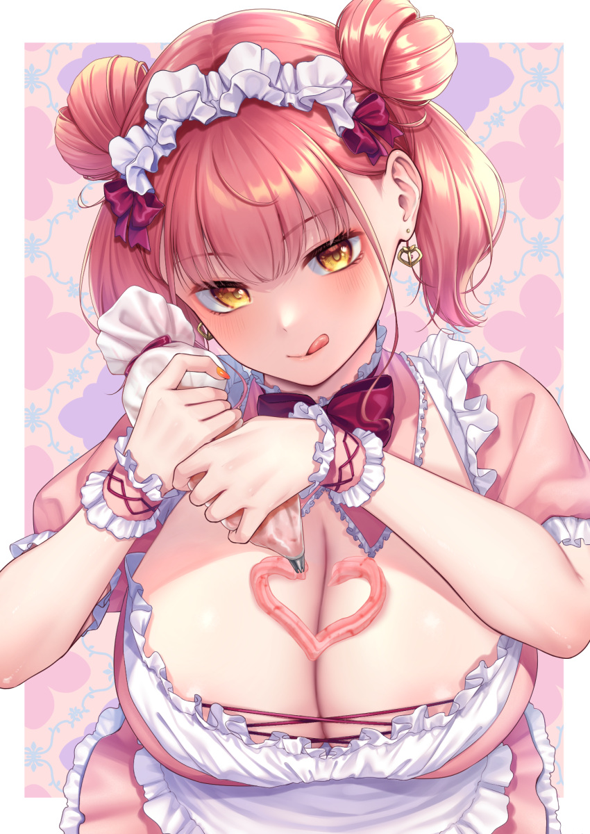 apron breasts cleavage cream_on_body cream_on_breasts dress earrings female food_on_body food_on_breasts hair_bun highres jewelry large_breasts maid maid_apron maid_headdress original pastry_bag pink_dress pink_hair red_ribbon ribbon tongue tongue_out whipped_cream wrist_cuffs yellow_eyes yuzutosen