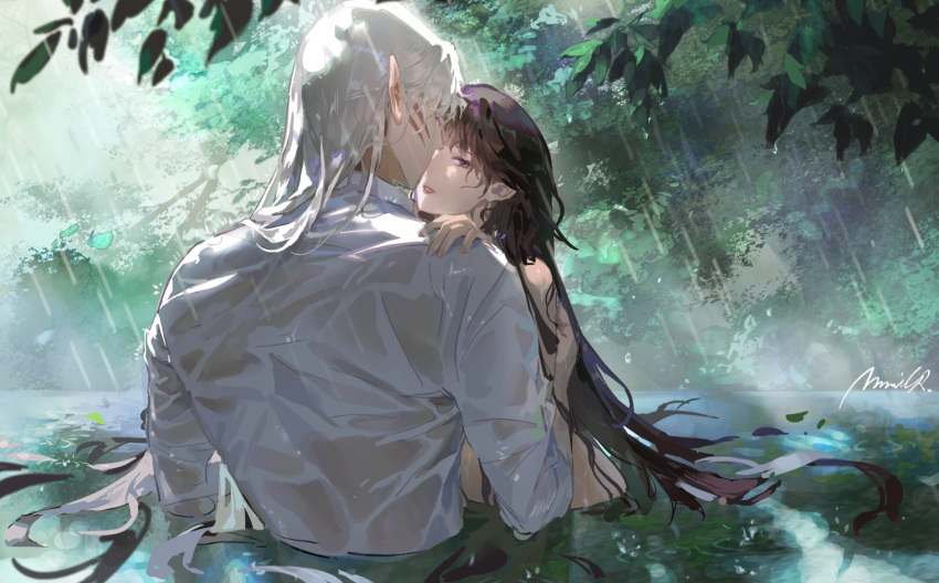 1boy back black_hair branch brown_eyes collared_shirt day facial_mark female fingernails hand_on_another's_shoulder highres inuyasha lake long_hair looking_at_viewer misty_lake mmmilk one_eye_covered outdoors parted_lips rain rin_(inuyasha) sesshoumaru shirt signature tree upper_body water_drop wet wet_clothes wet_shirt white_hair white_shirt