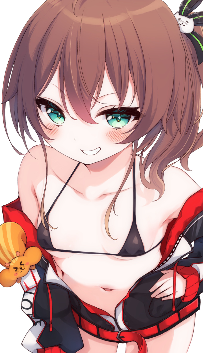 bikini black_bikini black_jacket blue_eyes breasts brown_hair ebi_frion_(natsuiro_matsuri) female highres hololive jacket kojou_gunshi long_hair looking_at_viewer natsuiro_matsuri natsuiro_matsuri_(gaming_casual) official_alternate_costume side_ponytail small_breasts smile solo swimsuit virtual_youtuber white_background