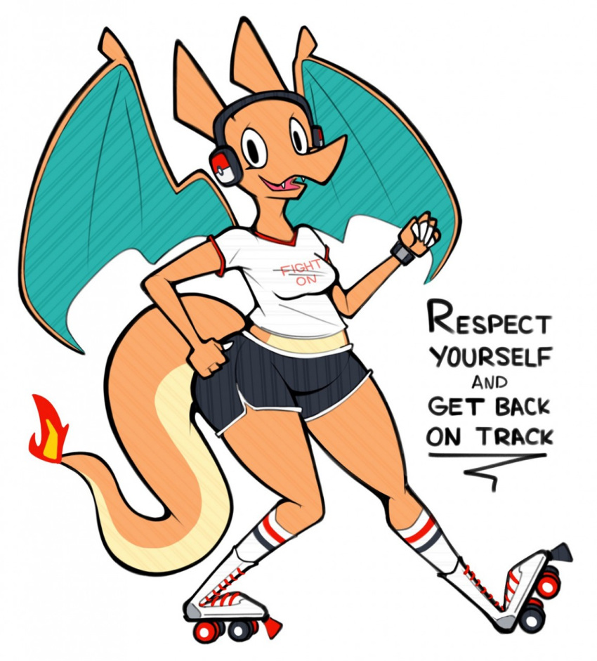 2018 aimbot-jones anthro belly blue_wings bottomwear charizard clock clothed clothing dragon electronics english_text female fist fully_clothed generation_1_pokemon headphones hi_res hotpants looking_at_viewer midriff motivational_poster mythological_creature mythological_scalie mythology nintendo open_mouth orange_body orange_skin pants pokemon pokemon_(species) pose roller_skates scalie shirt shorts simple_background slightly_chubby slightly_chubby_anthro slightly_chubby_female smile solo tail text text_on_clothing text_on_shirt text_on_topwear topwear valentina_(aimbot-jones) watch white_background wings yellow_belly