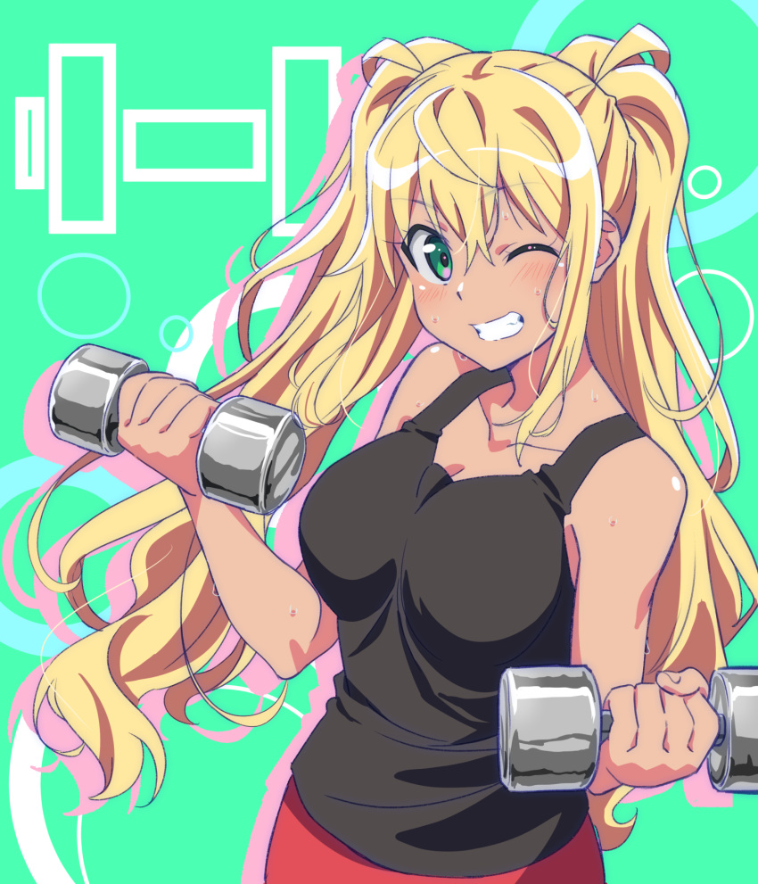 bare_shoulders black_tank_top blonde_hair breasts commentary dark-skinned_female dark_skin dumbbell dumbbell_nan_kilo_moteru? female green_background green_eyes grin highres hirayama_kanna holding_dumbbell large_breasts long_hair one_eye_closed sakura_hibiki smile solo sweat tank_top teeth twintails upper_body very_long_hair