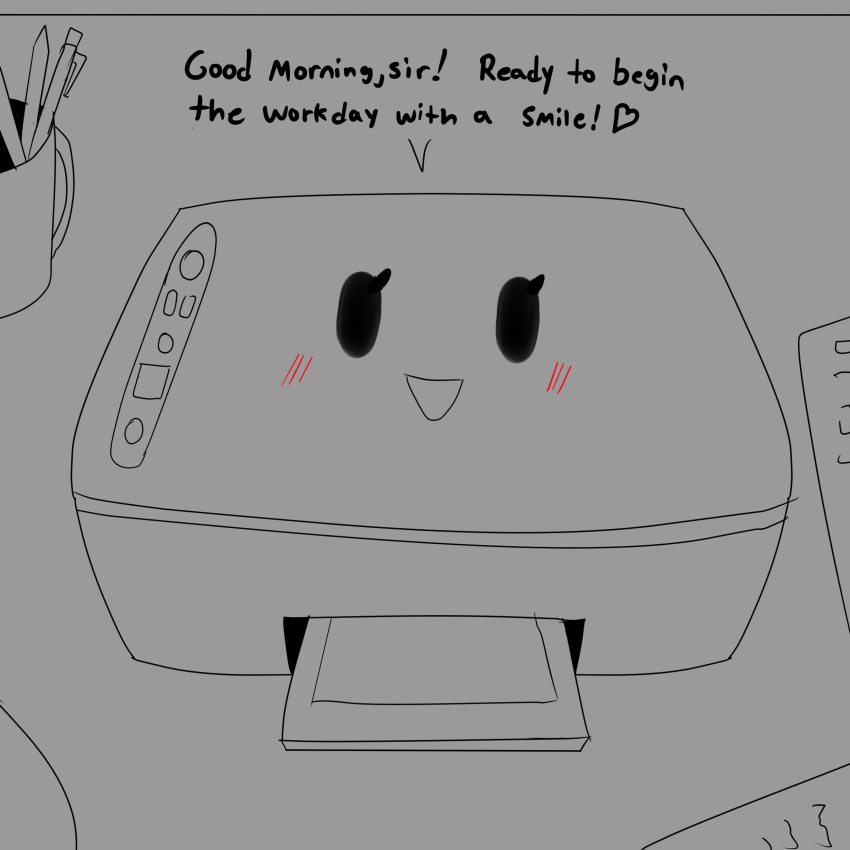 absurd_res animate_inanimate blush blush_lines darky dialogue dire_machine female heart_symbol hi_res living_machine machine monochrome office printer smile smiling_at_viewer solo talking_to_viewer text