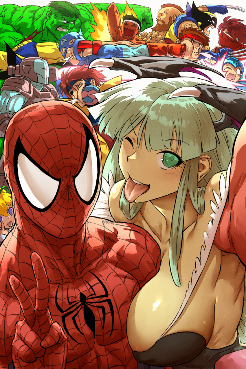 2girls 6+boys animal_print bare_shoulders black_leotard blonde_hair blue_eyes bodysuit breasts character_request collarbone demon_girl demon_wings fur-trimmed_legwear fur_trim gambit green_eyes green_hair haraya_manawari head_wings highres hulk large_breasts leotard long_hair marvel marvel_vs._capcom mask mega_man_(character) mega_man_(classic) mega_man_(series) morrigan_aensland mouth_mask multiple_boys multiple_girls ninja open_mouth punching red_bodysuit red_mask roll_(mega_man) ryu_(street_fighter) selfie shoulder_cannon spider-man spider-man_(series) spider_print spider_web_print street_fighter strider_(video_game) strider_hiryuu teeth tongue upper_teeth_only v war_machine wings wolverine_(x-men) x-men zangief