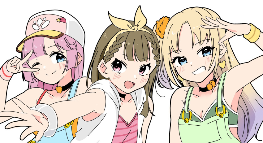 3girls :d ;) alternate_hair_color anyoji_hime arm_up baseball_cap bikini blonde_hair blue_eyes blue_suspenders blunt_bangs bow_hairband braid breasts brown_hair center-flap_bangs cleavage closed_mouth commentary_request cosplay flower gradient_hair green_bikini green_suspenders grin hair_down hair_flower hair_ornament hairband hat highres hood hooded_jacket hoshizora_rin hoshizora_rin_(cosplay) jacket kachimachi_kosuzu koizumi_hanayo koizumi_hanayo_(cosplay) link!_like!_love_live! llkapital long_hair looking_at_viewer love_live! love_live!_school_idol_project minami_kotori minami_kotori_(cosplay) multicolored_hair multiple_girls natsuiro_egao_de_1_2_jump! one_eye_closed open_clothes open_jacket open_mouth orange_bikini orange_flower osawa_rurino outstretched_arm parted_bangs pink_bikini pink_eyes pink_hair purple_hair side_braids sidelocks simple_background single_off_shoulder sleeveless sleeveless_jacket small_breasts smile split_mouth straight_hair suspenders swept_bangs swimsuit upper_body v v_over_eye virtual_youtuber white_background white_hat white_jacket yellow_hairband