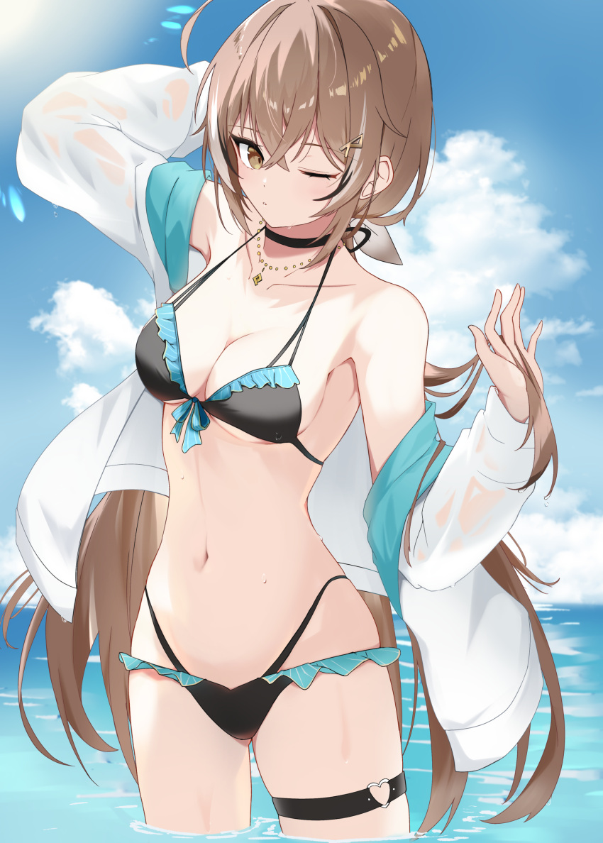 absurdres ahoge armpits beach bikini black_bikini black_choker black_hair blue_sky bow breasts brown_eyes brown_hair choker cleavage cloud collarbone crossed_bangs day female hair_between_eyes hairbow heart_o-ring high-waist_bikini highres hololive hololive_english jewelry light_rays long_hair looking_at_viewer low-tied_long_hair low_ponytail medium_breasts multicolored_hair nanashi_mumei narukahana navel necklace o-ring o-ring_thigh_strap one_eye_closed outdoors red_bow shirt sideboob sidelocks sky solo star_ocean star_ocean_the_last_hope streaked_hair sun sunlight swimsuit thigh_strap underboob very_long_hair wading water_drop wet wet_clothes white_hair white_shirt