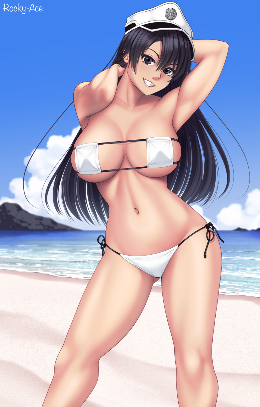 :d alternate_costume armpits arms_up artist_name ass_visible_through_thighs bambietta_basterbine bare_arms beach bikini black_eyes black_hair bleach bleach:_sennen_kessen-hen blue_sky breasts cleavage collarbone commentary covered_nipples curvy day english_commentary eyelashes eyepatch_bikini female grin groin hair_between_eyes hat head_tilt highres large_breasts lips long_hair looking_at_viewer midriff military_hat navel nose ocean outdoors paid_reward_available rocky-ace side-tie_bikini_bottom skindentation sky smile solo stomach straight_hair swimsuit thighs tsurime v-shaped_eyebrows white_bikini white_hat