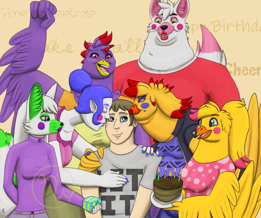 4_fingers 5_fingers 6:5 accessory alternate_universe anthro artist_logo asian_mythology avian ballora_(fnafsl) ballora_yuki_evonna beak beak_lips bear belly big_belly bird birthday birthday_cake birthday_gift black_clothing black_jacket black_sclera black_topwear blacklight_chica blonde_hair blue_eyebrows blue_fingernails blue_hair blue_lips blue_nails bottomwear breasts brielle_lumin brown_bottomwear brown_clothing brown_eyebrows brown_hair brown_pants cake candle canid canine celebration cheeca_touy_chiken cheek_spots cheek_tuft chicken chubby_cheeks claws closed_eyes clothing collarbone colored_nails dessert dipstick_tail double_chin east_asian_mythology english_text eyebrows eyelashes facial_tuft fangs feather_hair feather_hands feathers female fennec_fox finger_claws fingernails fingers fist_pump five_nights_at_freddy's five_nights_at_freddy's_2 five_nights_at_freddy's_world fluffy fluffy_tail food fox fredbear_college freddy_fazbear's_pizzeria_simulator funko_pop! funtime_foxy_(fnaf) funtime_foxy_(fnafsl) fur galliform gallus_(genus) green_body green_claws green_fur green_inner_ear_fluff green_tail_tip grey_clothing grey_shirt grey_t-shirt grey_topwear group hair hair_accessory hair_bun hair_tie half-closed_eyes hand_on_chest hand_on_shoulder happy hi_res human humanoid hybrid inner_ear_fluff jacket japanese_mythology kissing kissing_cheek larger_anthro larger_female larger_male leaning leaning_forward lips logo long_hair long_tail looking_at_another male mammal markings medium_hair multicolored_body multicolored_fur multicolored_hair mythology nails narrowed_eyes non-mammal_breasts obese obese_anthro obese_female obese_male orange_beak overweight overweight_anthro overweight_female overweight_male pants pattern_clothing pattern_shirt pattern_topwear phasianid pink_clothing pink_hair pink_shirt pink_t-shirt pink_tail_tip pink_tongue pink_topwear ponytail pseudo_hair purple_body purple_bottomwear purple_clothing purple_eyes purple_feathers purple_lips purple_pants purple_shirt purple_topwear rawken_starshine red_clothing red_hair red_shirt red_topwear ring rockstar_chica_(fnaf) scottgames shaded shirt short_sleeves simple_background sister_location size_difference skywater slim_anthro slim_female smaller_anthro smaller_female smaller_human smaller_male spots spotted_clothing spotted_shirt spotted_topwear standing t-shirt tail tail_feathers tail_markings tan_body tan_skin tangle_(fnaf) tank_top tanya_foxhart teeth text thick_neck tongue topwear toy_chica_(fnaf) true_fox tuft tyson_phuntyme whiskers white_body white_fur white_hair white_skin white_tail yellow_beak yellow_body yellow_clothing yellow_eyes yellow_feathers yellow_shirt yellow_tank_top yellow_topwear yokai yuki-onna