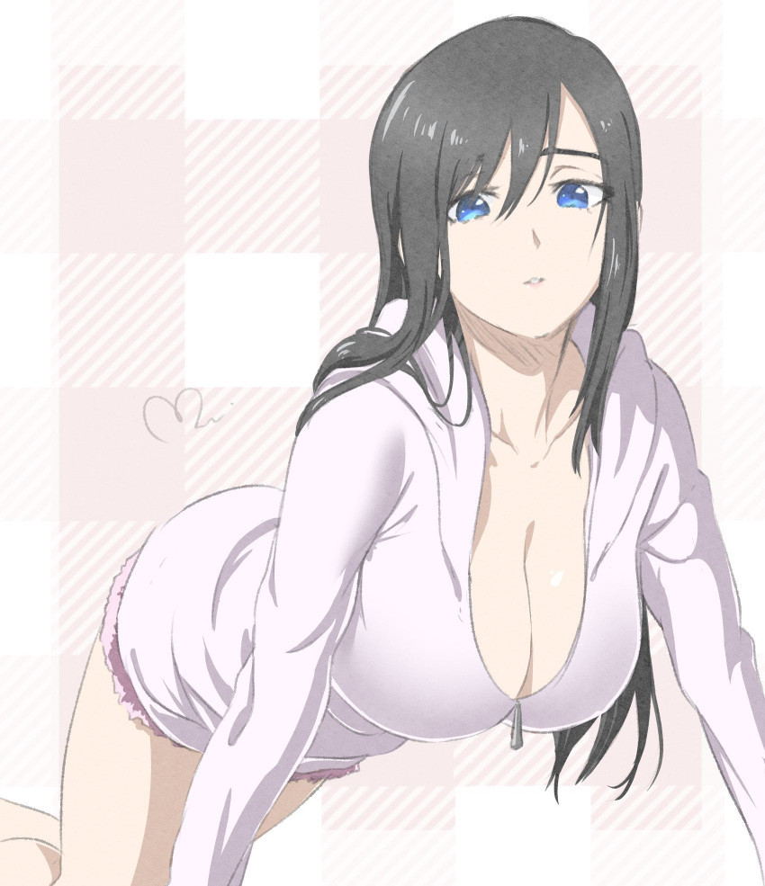 all_fours black_hair blue_eyes breasts burn_the_witch cleavage collarbone commentary convenient_leg curvy eyebrows_hidden_by_hair feet_out_of_frame female hair_between_eyes hair_over_shoulder hanging_breasts heart highres hood hood_down hooded_jacket jacket large_breasts leaning_forward long_hair long_sleeves looking_at_viewer mitsugu naked_jacket niihashi_noel parted_lips partially_unzipped simple_background solo straight_hair tsurime zipper zipper_pull_tab