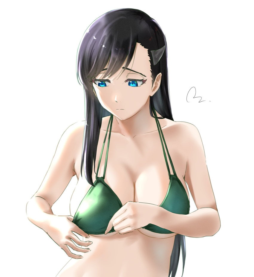 adjusting_clothes adjusting_swimsuit bare_arms bikini black_hair bloom blue_eyes breasts burn_the_witch cleavage closed_mouth collarbone commentary_request curvy expressionless eyebrows_hidden_by_hair eyelashes female green_bikini halterneck hands_up highres large_breasts long_hair looking_down mitsugu niihashi_noel raised_eyebrows sidelighting signature solo split_mouth straight_hair swept_bangs swimsuit tsurime upper_body very_long_hair