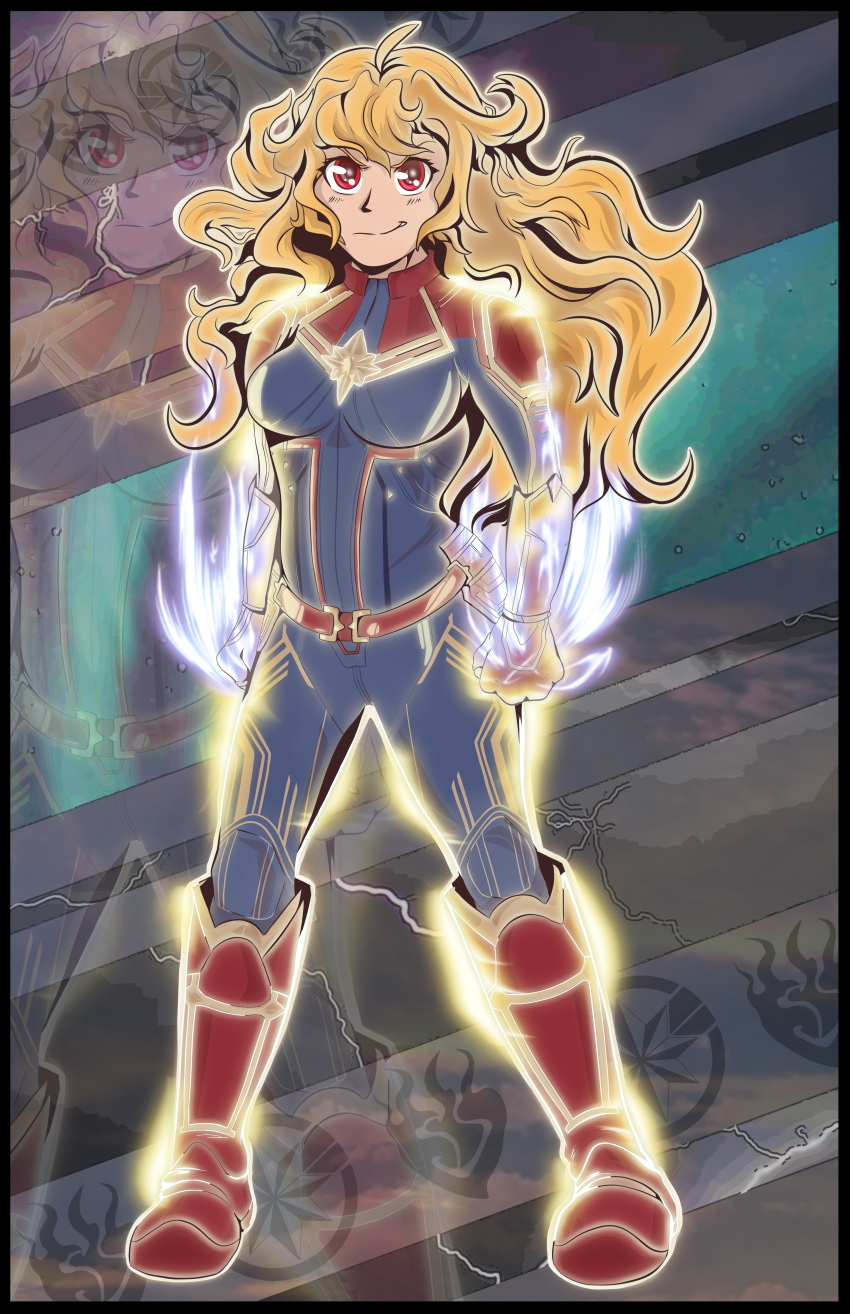 absurdres artist_request blonde_hair blue_bodysuit bodysuit breasts captain_marvel captain_marvel_(cosplay) cosplay female gloves hair_between_eyes highres large_breasts long_hair marvel marvel_cinematic_universe multicolored_armor red_eyes red_gloves reflection rwby smile solo star_(symbol) striped_bodysuit superhero_costume yang_xiao_long