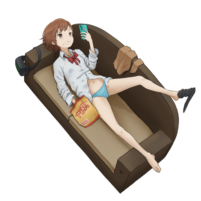 absurdres bag_of_chips black_socks bow bowtie brown_eyes brown_hair brown_jacket collared_shirt commission couch crumbs eating english_commentary female food food_on_face goggles highres holding holding_phone jacket looking_at_phone lying misaka_imouto night_vision_device on_back on_couch panties partially_unbuttoned phone red_bow red_bowtie school_uniform shirt short_hair single_barefoot socks solo striped_clothes striped_panties tatararashi toaru_kagaku_no_railgun toaru_majutsu_no_index tokiwadai_school_uniform underwear unworn_blazer unworn_goggles unworn_jacket white_shirt winter_uniform