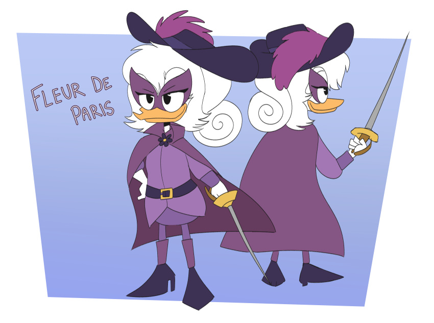 accessory alternate_costume alternate_form alternate_universe anatid anseriform avian bird boots bottomwear cape clothing coat disney duck ducktales ducktales_(2017) fan_character female fleur_de_paris french gloves hair handwear hat hat_feather headgear headwear hi_res long_hair loose_feather marguerite_mallory melee_weapon model_sheet mr._blue_(artist) musketeer noblewoman pants ponytail purple_clothing rapier sword swordswoman topwear weapon