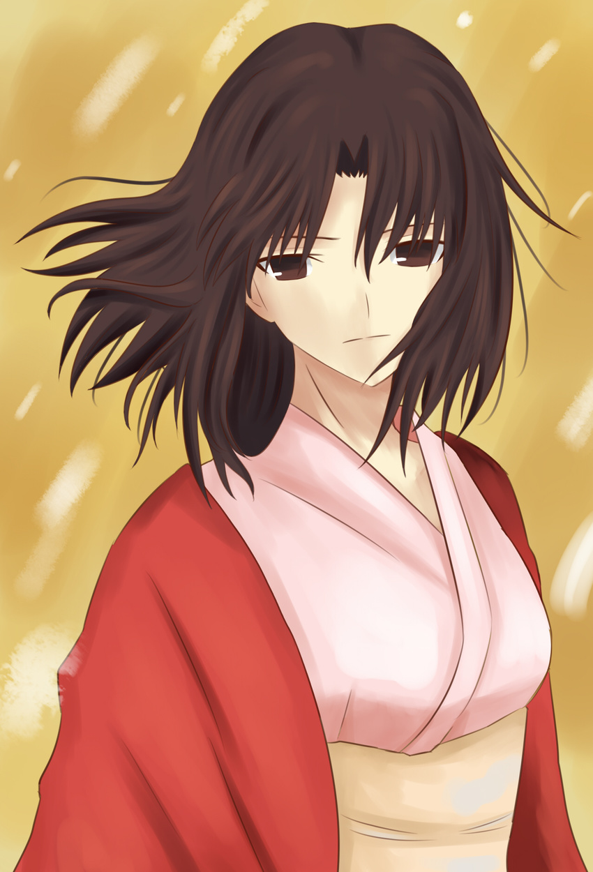 brown_eyes brown_hair colored_eyelashes commentary_request expressionless female highres japanese_clothes kara_no_kyoukai kimono looking_at_viewer miyata_kazumi no_pupils obi ryougi_shiki sash short_hair yellow_background