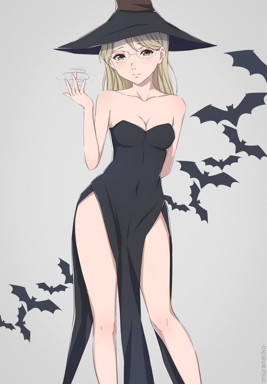 bad_id bad_pixiv_id bare_shoulders bat_(animal) blonde_hair breasts cleavage commentary female glasses grey_background halloween hat highres kawai_miki koe_no_katachi medium_breasts miura-n315 side_slit smile solo thighs twitter_username witch witch_hat