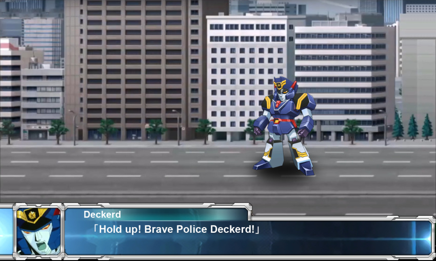 1boy character_name chibi city commentary crossover day deckerd dialogue_box english_commentary fake_screenshot lamppost male_focus mecha outdoors profile_picture road robot solo srw_battle_screen street super_robot super_robot_wars tomonaga_yuuta tree type_x yuusha_keisatsu_j-decker yuusha_series