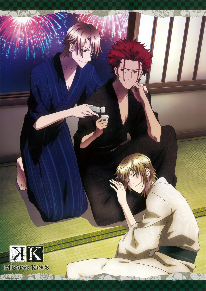 3boys absurdres alcohol angry black_eyes blonde_hair bottle brown_hair choko_(cup) cup earrings highres japanese_clothes jewelry k-project kimono kusanagi_izumo lap_pillow male_focus multiple_boys night photoshop_(medium) red_eyes red_hair sake scan short_hair sky suoh_mikoto tokkuri totsuka_tatara