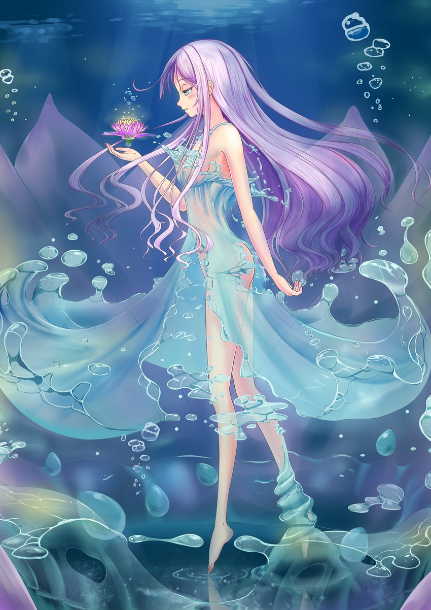 air_bubble aqua_eyes bad_id bad_pixiv_id barefoot bubble chinese_commentary commentary_request dress female flower from_side highres huanghyy light_purple_hair liquid_clothes long_hair lotus original profile ripples see-through solo tiptoes underwater water water_dress water_drop