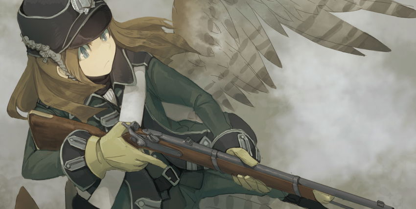 antique_firearm asterisk_kome blue_eyes brown_hair caplock commentary_request female firelock gloves gun hat highres holding holding_gun holding_weapon long_hair military military_hat military_uniform musket photoshop_(medium) solo uniform weapon winged_fusiliers wings