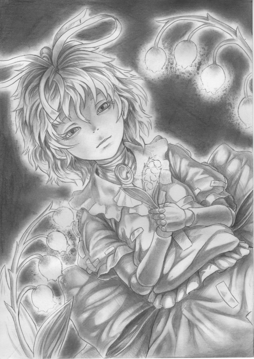 baten_(gei-vorugu) blouse brooch capelet commentary_request doll_joints dutch_angle female flower graphite_(medium) greyscale hair_ribbon high_collar highres jewelry joints lily_of_the_valley looking_at_viewer medicine_melancholy monochrome parted_lips puffy_short_sleeves puffy_sleeves ribbon shirt short_hair short_sleeves skirt solo touhou traditional_media