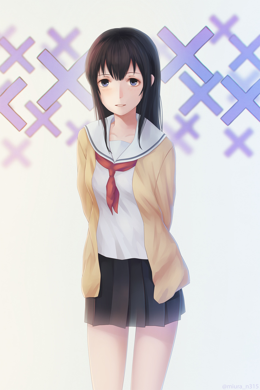 arms_behind_back bad_id bad_pixiv_id black_hair blue_eyes blush brown_cardigan cardigan commentary female hair_between_eyes highres koe_no_katachi long_hair looking_at_viewer miura-n315 open_cardigan open_clothes school_uniform skirt smile solo ueno_naoka white_background