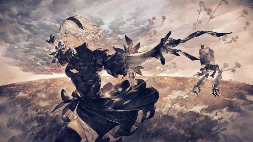 2b_(nier:automata) absurdres black_dress black_gloves black_hairband black_thighhighs blue_eyes breasts cleavage_cutout clothing_cutout cloud cloudy_sky dress female floating gloves granblue_fantasy granblue_fantasy_versus:_rising hairband highres mole mole_under_mouth nier:automata nier_(series) official_art outdoors parted_lips pod_(nier:automata) sky smile thighhighs third-party_source white_hair wind