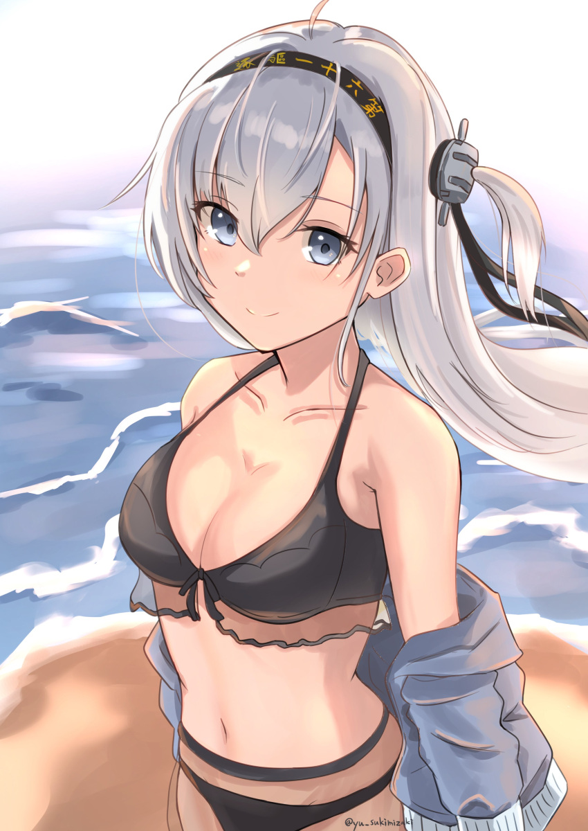 absurdres beach bikini bikini_skirt black_bikini black_headband blush breasts clothes_writing collarbone cowboy_shot day female grey_eyes grey_hair grey_jacket hachimaki hair_between_eyes headband highres jacket kantai_collection long_hair looking_at_viewer medium_breasts ocean one_side_up outdoors sand see-through see-through_skirt skirt smile solo sukimizaki suzutsuki_(swimsuit_mode)_(kancolle) swimsuit swimsuit_under_clothes